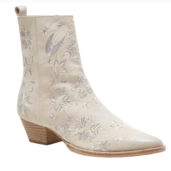 Free People Bowers Embroidered Bootie Bone Suede w/ silver Boots Fits 8.5 - Picture 1 of 11